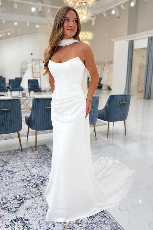 Mermaid Satin Corset Simple White Wedding Dresses Sweetheart Bridal Dresses HE795