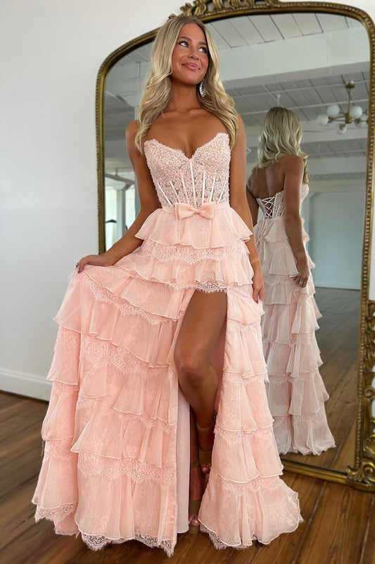 A Line Corset Sweetheart Chiffon Long Prom Dresses Lace Ruffled Party Gowns for Women HE1036