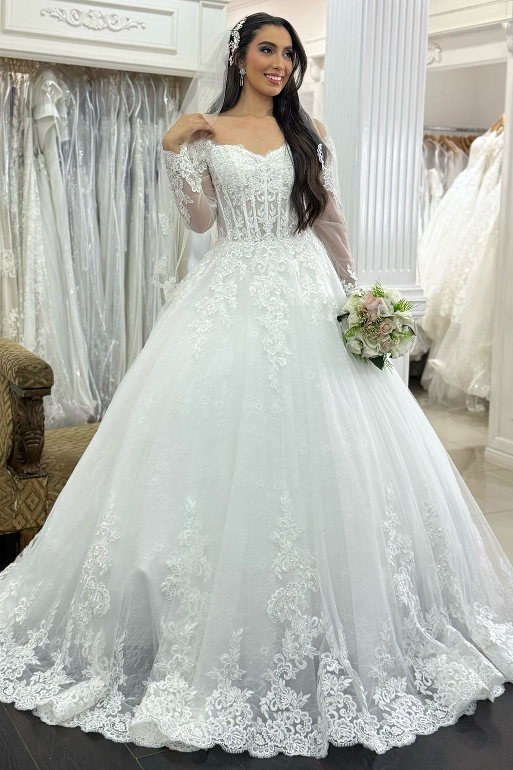 Off Shoulder A Line Tulle Corset Lace Appliqued Wedding Dresses for Women HE989