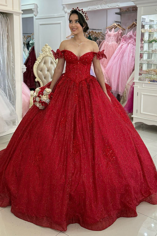 Off Shoulder Glittery Sequin Beaded Red Quinceanera Dresses for Sweet 16 HE1006