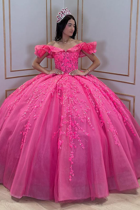 Off Shoulder Pink Tulle Lace Beaded Ball Gown Quinceanera Dresses HE709