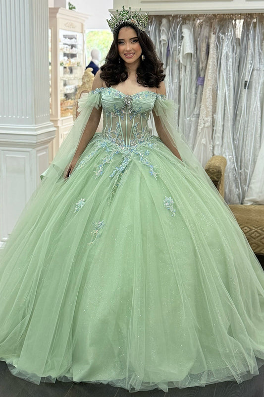 Glittery Tulle Appliqued Corset Off Shoulder Green Quinceanera Dresses for Sweet 15 HE1014