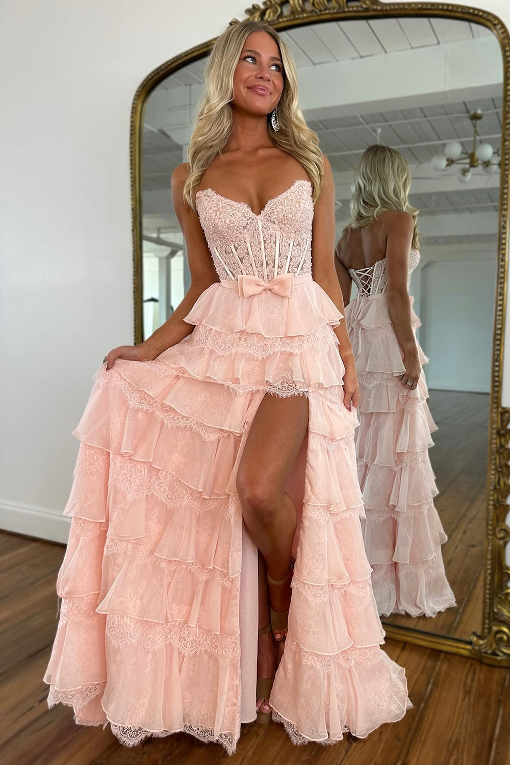 A Line Corset Sweetheart Chiffon Long Prom Dresses Lace Ruffled Party Gowns for Women HE1036