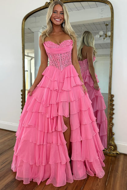 Women's A Line Chiffon Ruffled Long Prom Dresses Sweetheart Corset Party Gowns with Slit HE1035