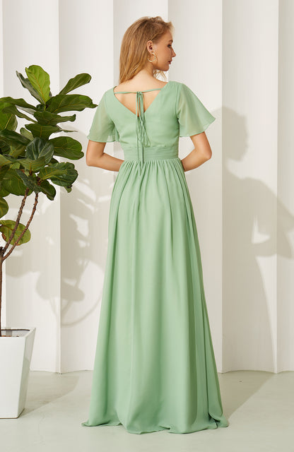 A Line V Neck Short Sleeves Chiffon Long Bridesmaid Dresses for Women HE702