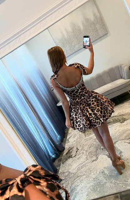 A Line Satin Leopard Printed Beaded Homecoming Dresses for Juniors HE916