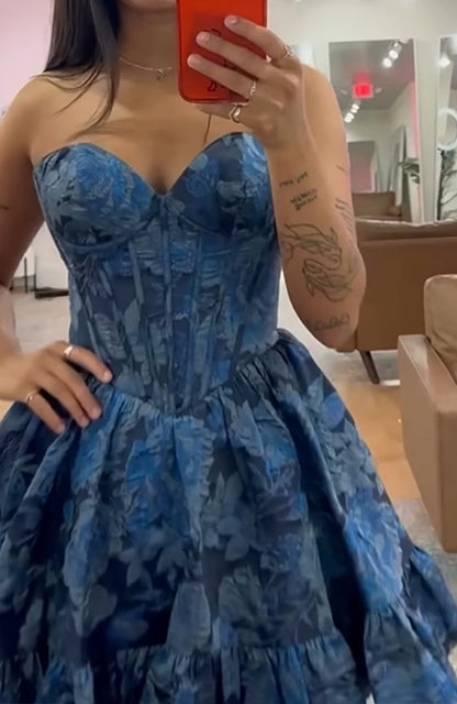 Navy Floral A Line Short Corset Homecoming Dress with Ruffles HE732