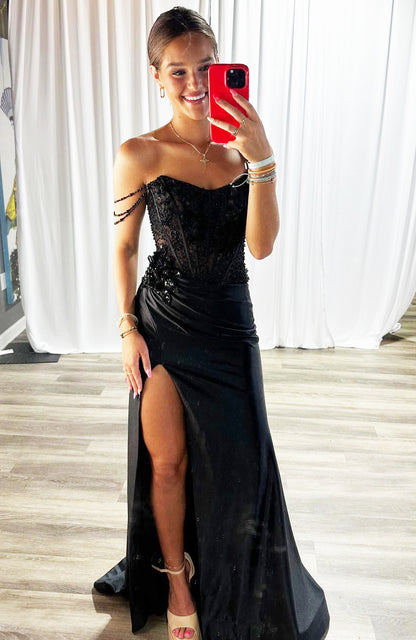Women's Satin Corset Sequin Beaded Black Long Prom Dresses with Side Slit HE979