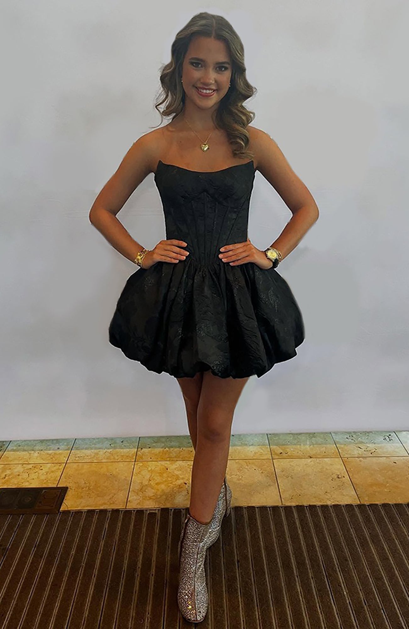 Black Floral A Line Strapless Short Corset Homecoming Dresses for Juniors HE729