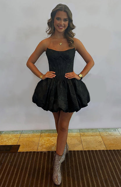 Black Floral A Line Strapless Short Corset Homecoming Dresses for Juniors HE729