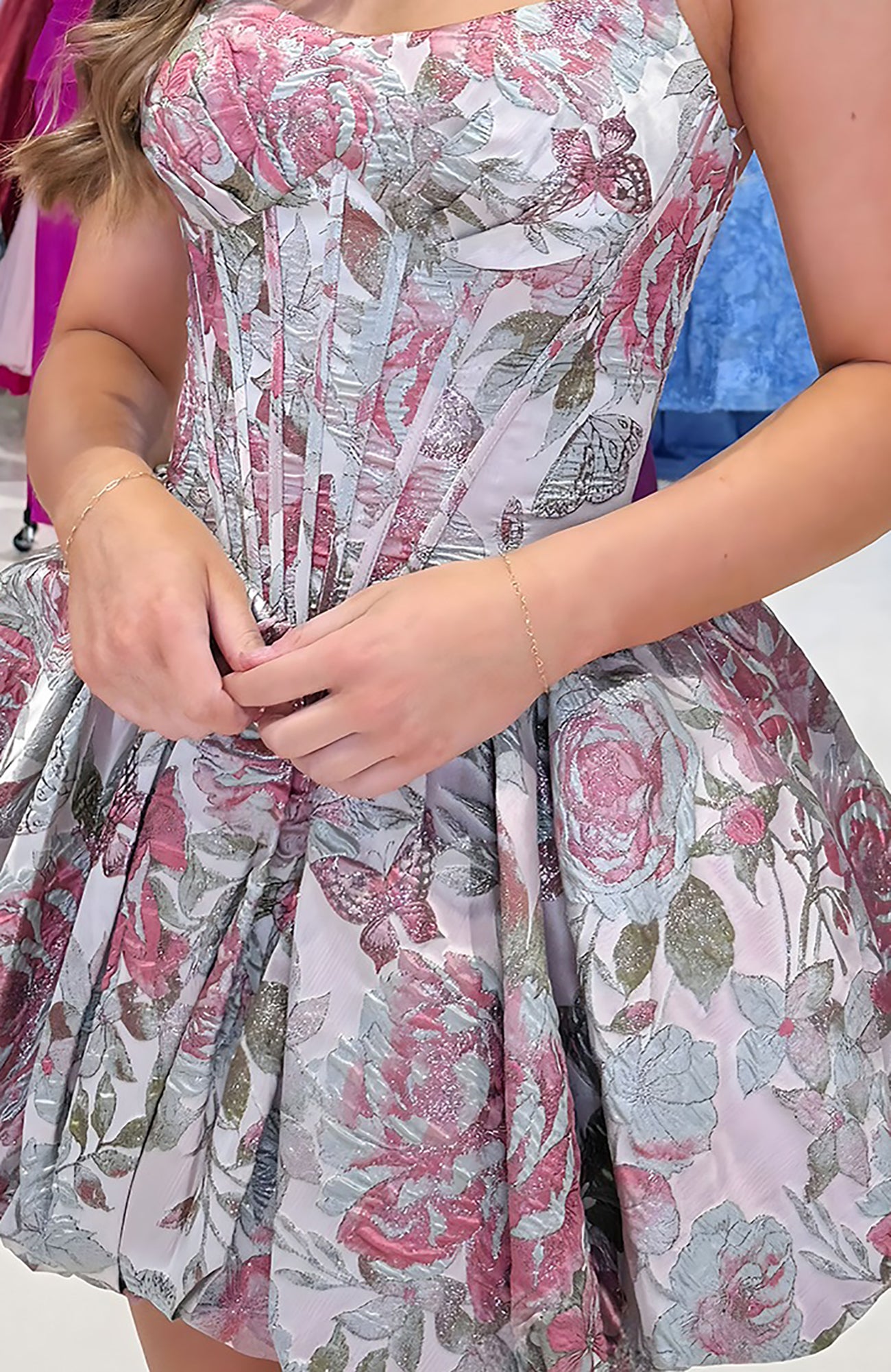 Grey Pink Floral Strapless A Line Short Corset Homecoming Dresses HE848