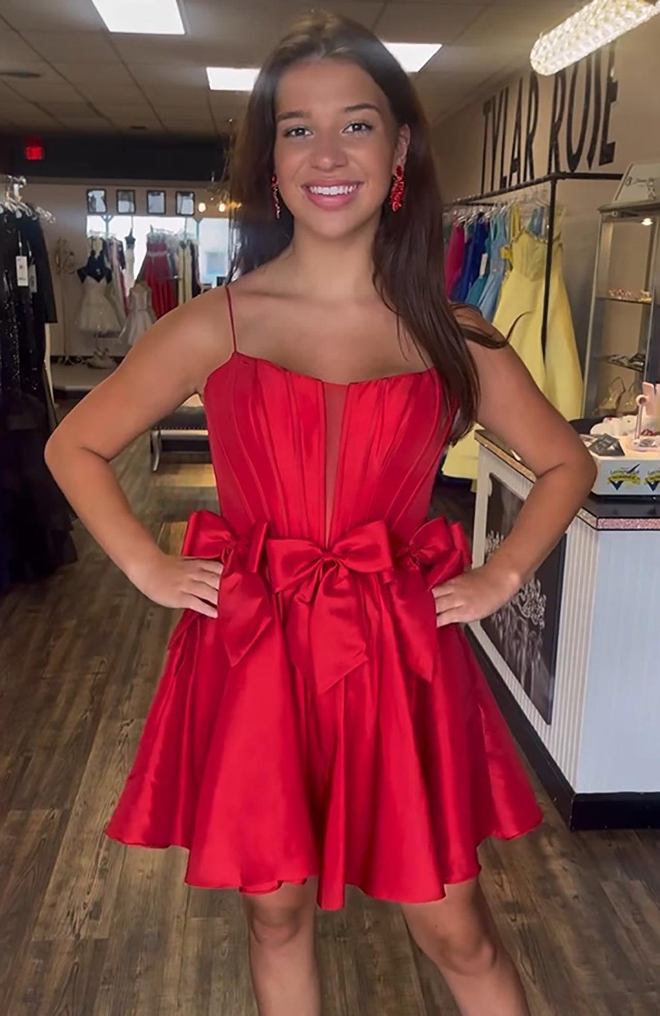 Red Satin Strapless A Line Short Corset Homecoming Dress with Bows HE728