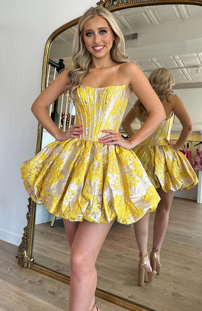 A Line Satin Floral Printed Corset Homecoming Dressses Yellow Party Dresses HE842