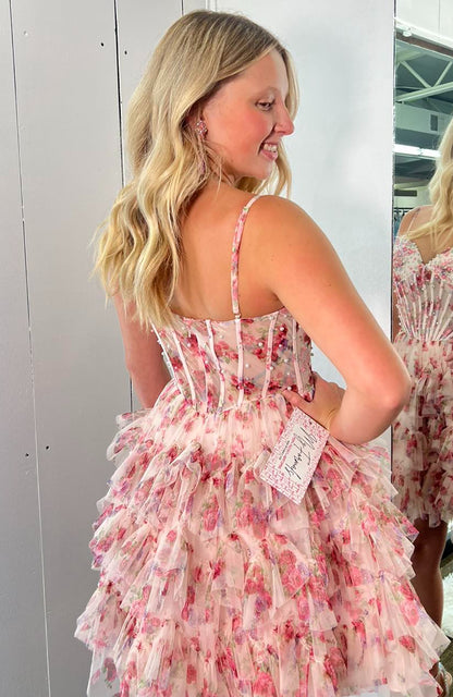 A Line Chiffon Ruffles Floral Print Corset Homecoming Dresses for Juniors HE783