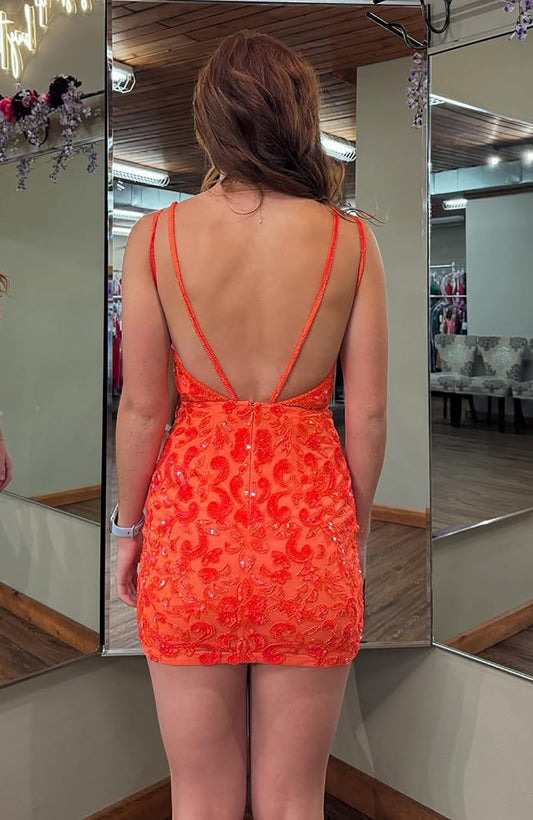 Vestidos de fiesta cortos con lentejuelas y cuentas, escote en V, sexys, HE483