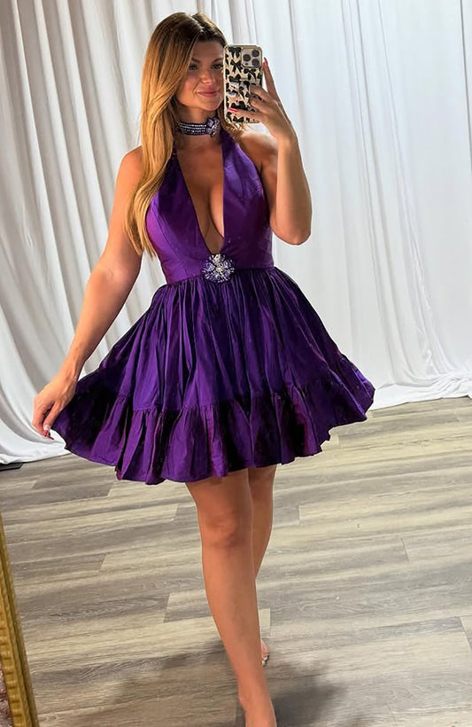 Vestidos de fiesta de satén con escote en V y corte A hasta la rodilla HE570