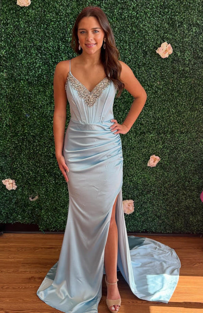 Women's Mermaid Satin Corset Beaded V Neck Prom Dresses Long with Side Slit HE1030