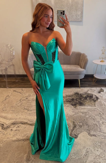 Mermaid Sweetheart Satin Corset Beaded Long Prom Dresses for Women Evening Party HE982