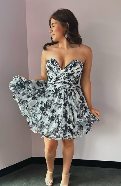 Sweetheart A Line Chiffon Black Floral Print Homecoming Dresses for Juniors HE926