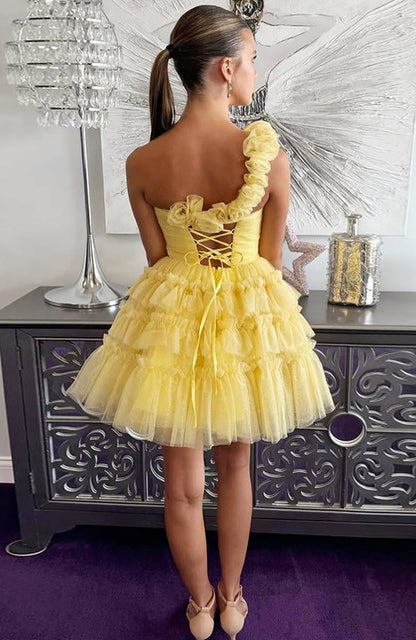Yellow A-Line Flowers Asymmetrical Tiered Homecoming Dress HE736