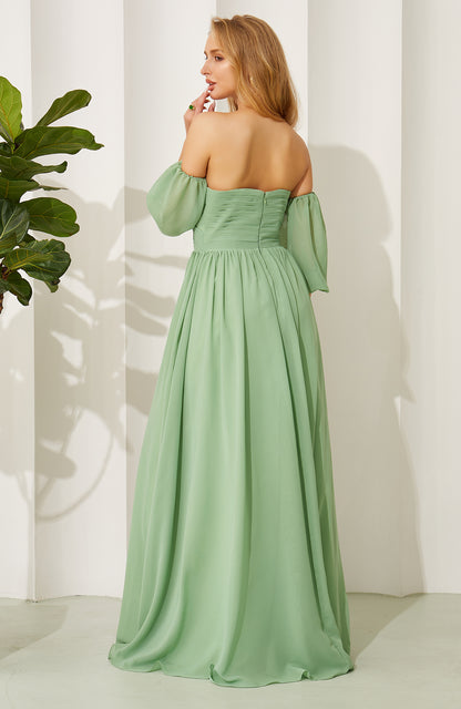 Women's A Line Sweetheart Chiffon Pleated Bridesmaid Dresses Long with Sleeves HE697