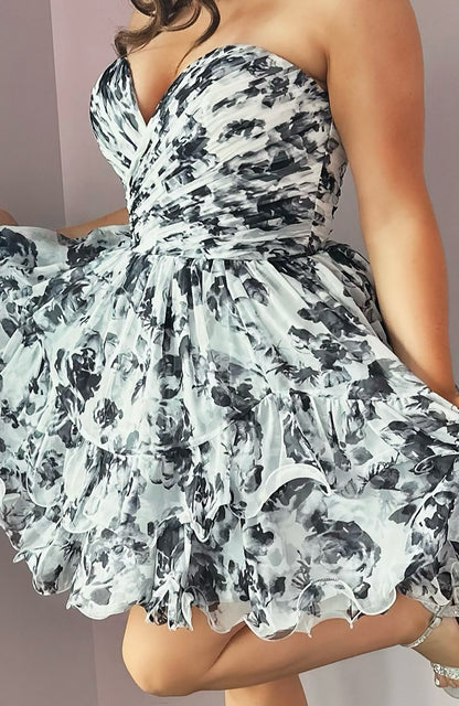 Sweetheart A Line Chiffon Black Floral Print Homecoming Dresses for Juniors HE926