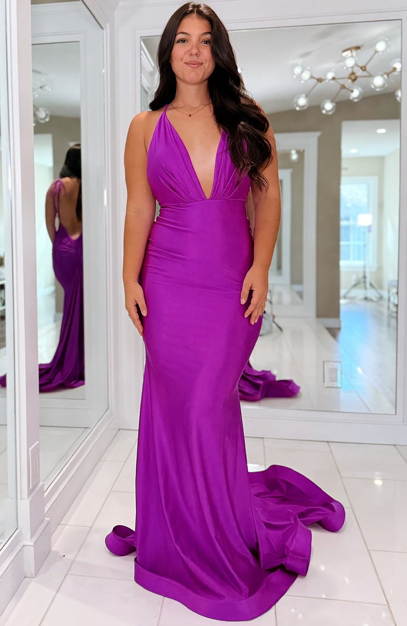 Satin Mermaid Deep V Neck Long Prom Dresses Sexy Backless Evening Party Gowns HE1025