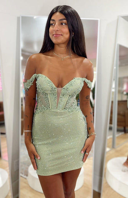 Women's Off Shoulder Sequin Beaded Lace Short Homecoming Dresses HE844
