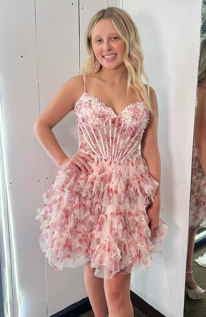 A Line Chiffon Ruffles Floral Print Corset Homecoming Dresses for Juniors HE783