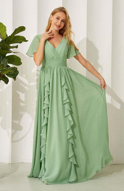 A Line V Neck Short Sleeves Chiffon Long Bridesmaid Dresses for Women HE702