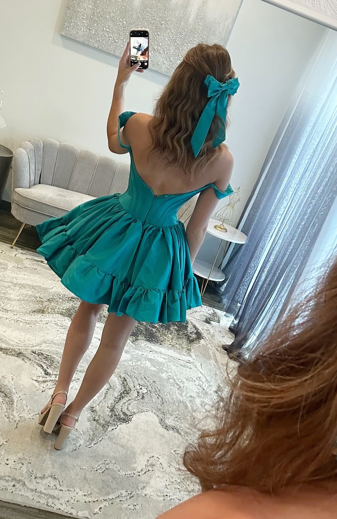 Off Shoulder Satin A Line Corset Knee Length Homecoming Dresses for Juniors HE649