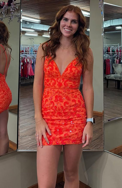 Vestidos de fiesta cortos con lentejuelas y cuentas, escote en V, sexys, HE483