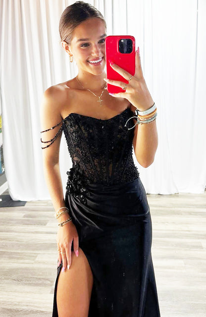 Women's Satin Corset Sequin Beaded Black Long Prom Dresses with Side Slit HE979