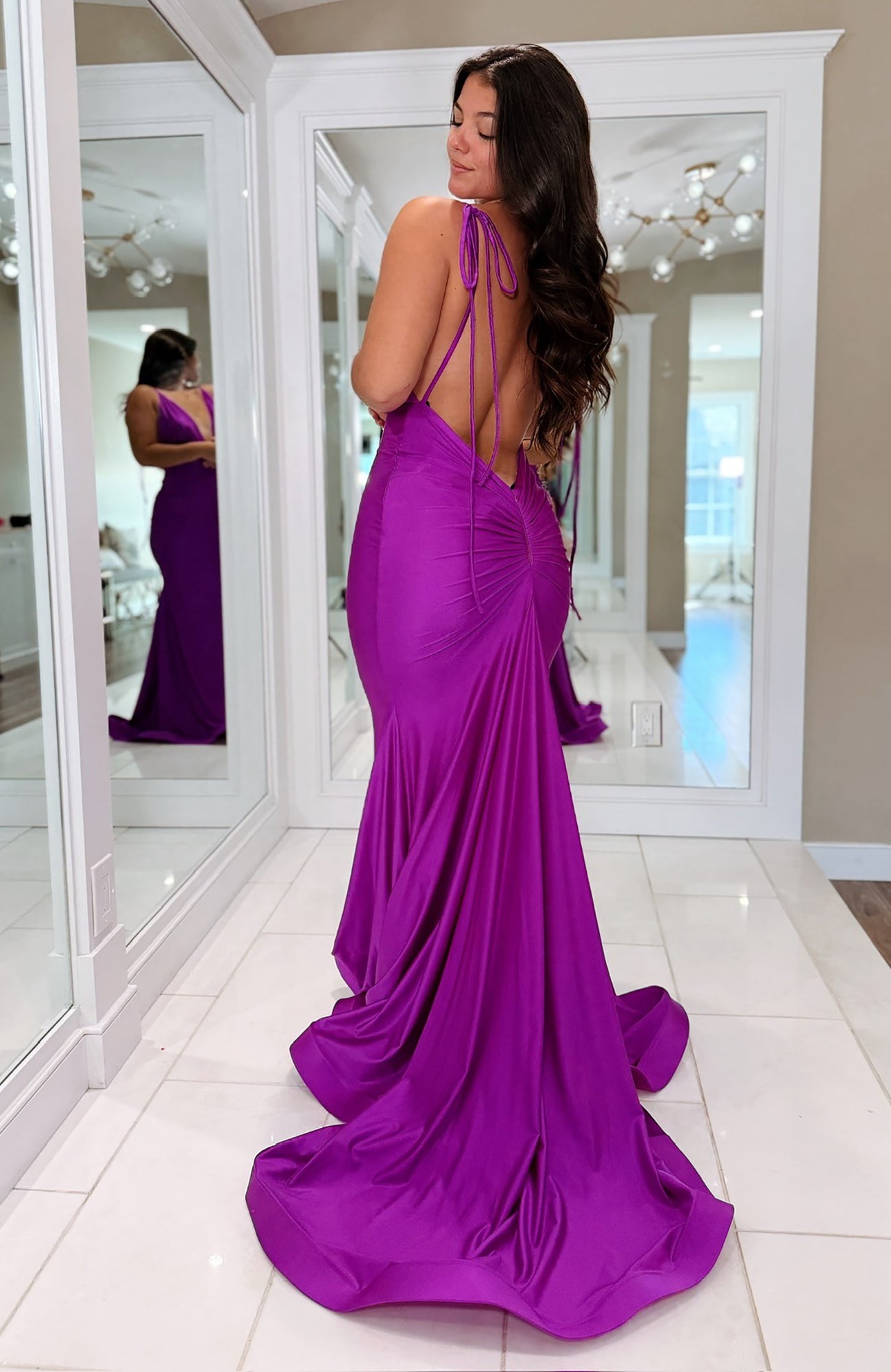 Satin Mermaid Deep V Neck Long Prom Dresses Sexy Backless Evening Party Gowns HE1025
