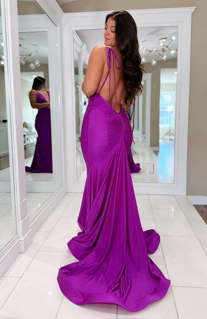 Satin Mermaid Deep V Neck Long Prom Dresses Sexy Backless Evening Party Gowns HE1025