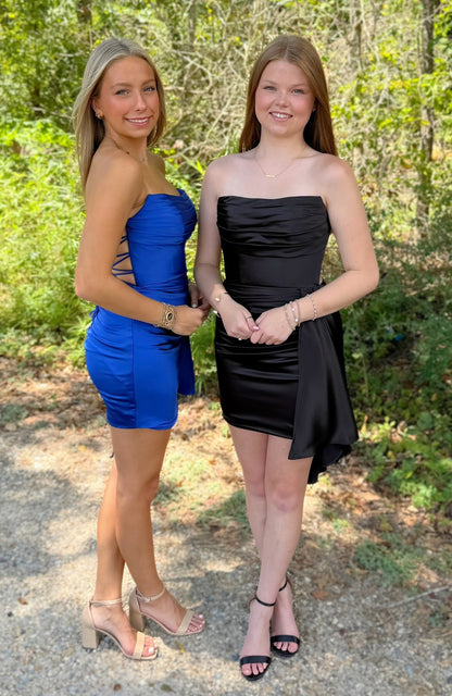 Strapless Satin Sheath Pleated Knee Length Homecoming Dresses for Juniors HE921