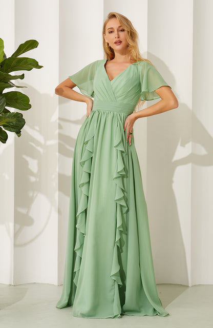 A Line V Neck Short Sleeves Chiffon Long Bridesmaid Dresses for Women HE702