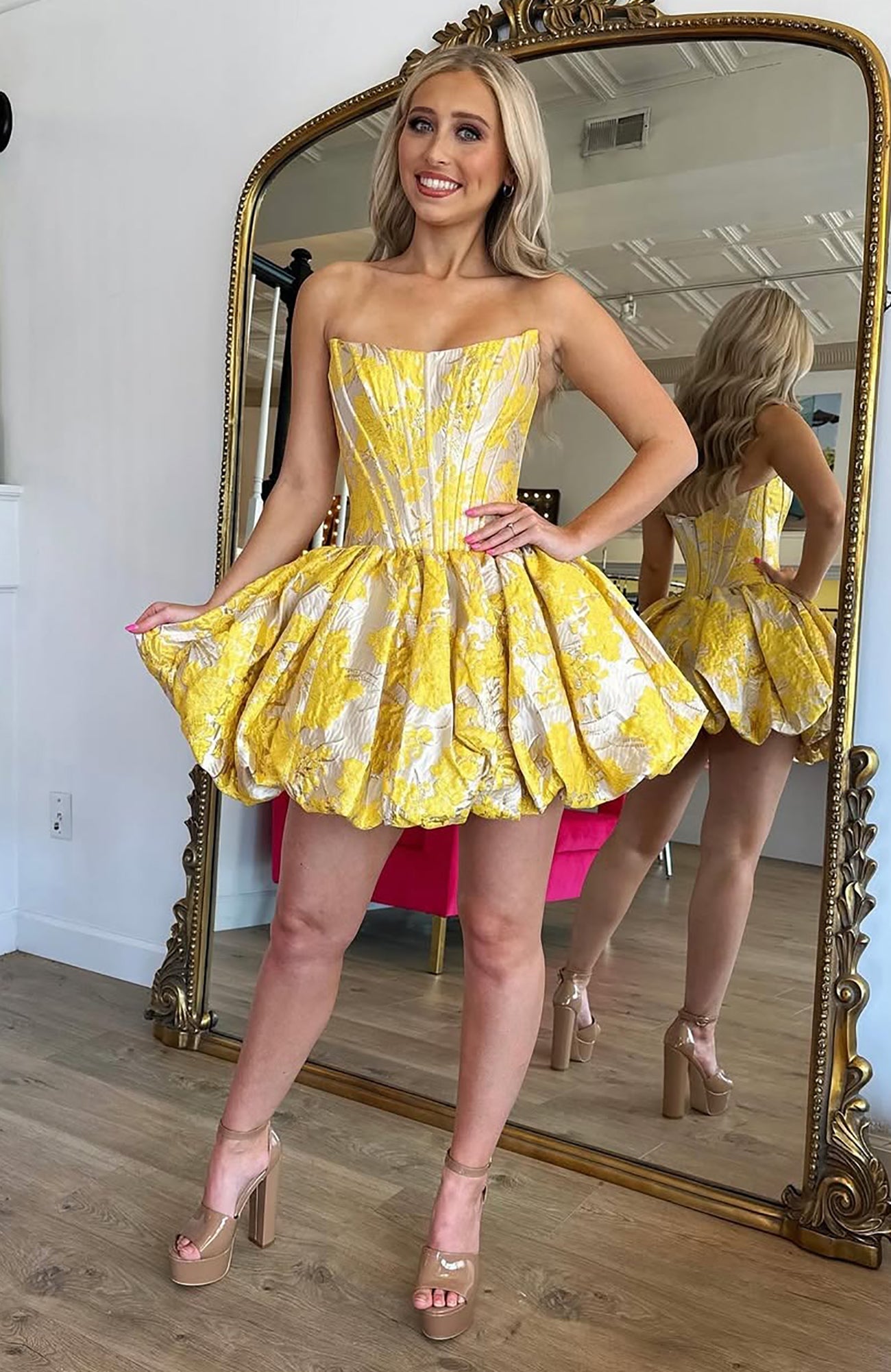 A Line Satin Floral Printed Corset Homecoming Dressses Yellow Party Dresses HE842