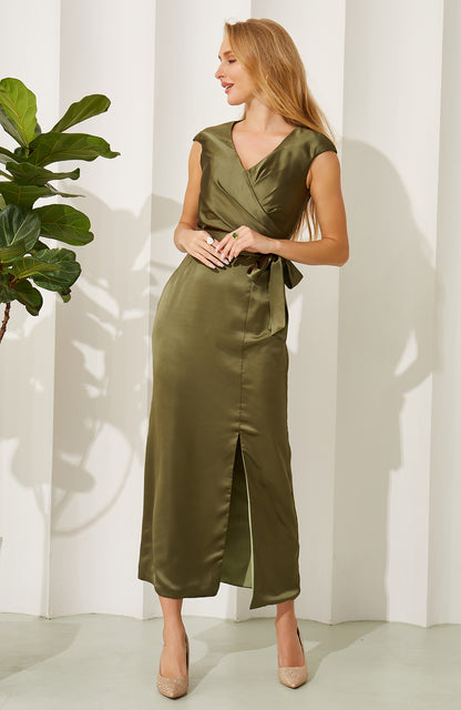Olive Green Satin V Neck Split Bridesmaid Dresses Women's Wedding Party Gowns HE700