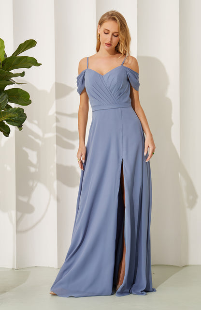 Off Shoulder A Line Chiffon Pleated Long Bridesmaid Dresses for Women HE706