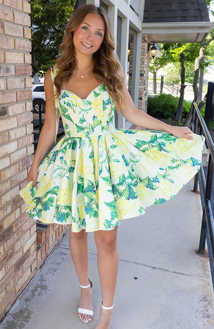 Floral Yellow A Line Short Satin Homecoming Dresses for Juniors HE606