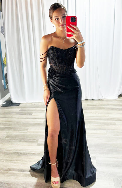 Women's Satin Corset Sequin Beaded Black Long Prom Dresses with Side Slit HE979