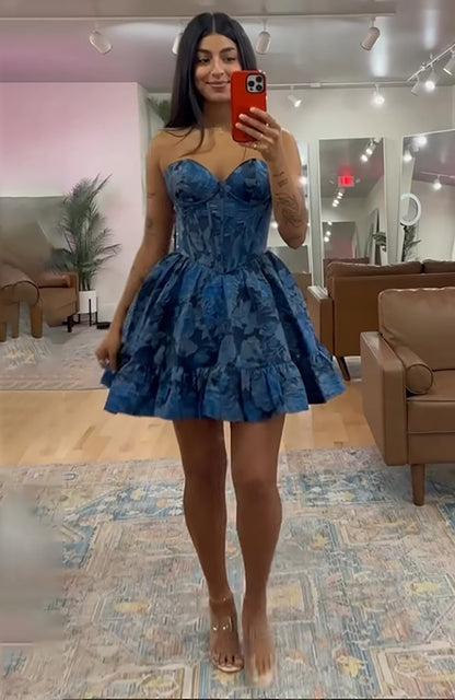 Navy Floral A Line Short Corset Homecoming Dress with Ruffles HE732