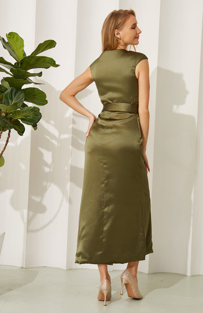 Olive Green Satin V Neck Split Bridesmaid Dresses Women's Wedding Party Gowns HE700