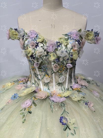 Luxury Tulle 3D Flower Green Quinceanera Dresses Sweet 16 Birthday Party Dresses with Ruffled HE1052