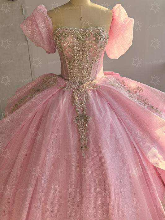 Glittery Tulle Pink Quinceanera Dresses Luxury Crystal Princess Sweet 15 Birthday Party Gown HE1443