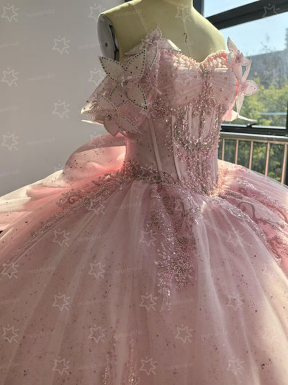 Vestidos de quinceañera con hombros descubiertos, tul princesa, apliques, vestidos de quinceañera HE530