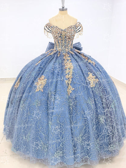 Off Shoulder Princess Quinceanera Dresses Lace Appliqued Sweet 16 Party Gowns HE1194