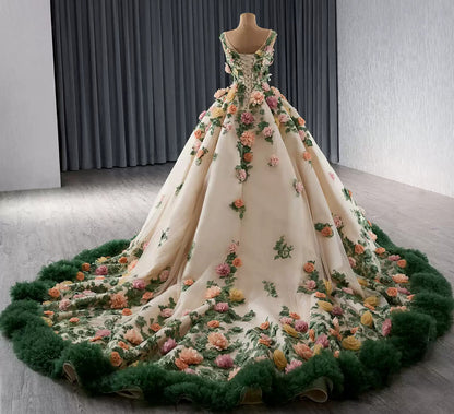 Tulle 3D Flower Sweet 16 Quinceanera Dresses Ruffled Lace Beaded Birthday Prom Gowns HE1173