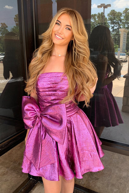 A Line Knee Length Homecoming Dresses Fuchsia Pleated Party Gowns HE465